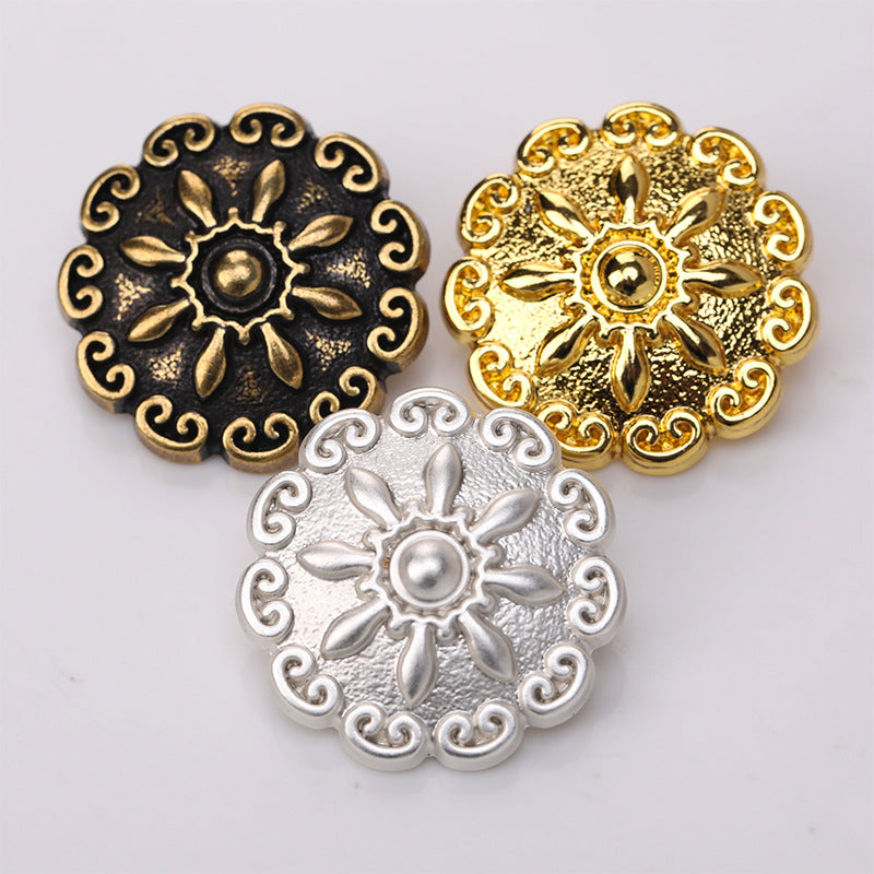 Assorted antique gold, gold, and frosted silver domed floral metal shank buttons