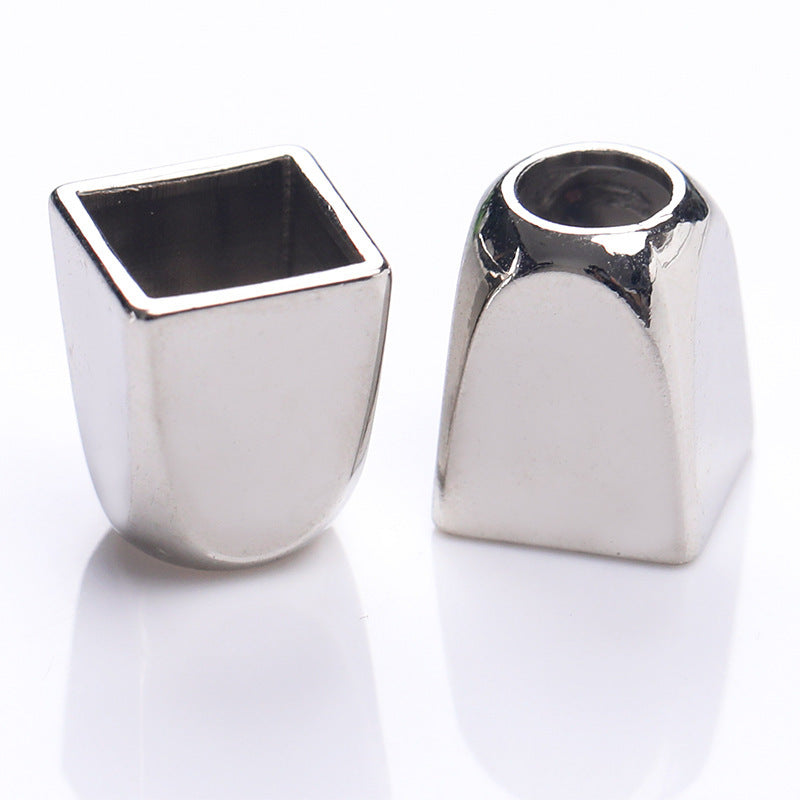 Square metal bell cord end caps in silver tone, square opening and curved side profile