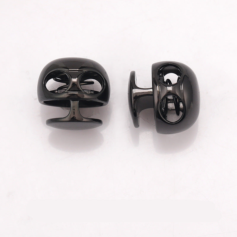 Gunmetal/gray ball-shaped metal spring toggle stopper, front and back side angles