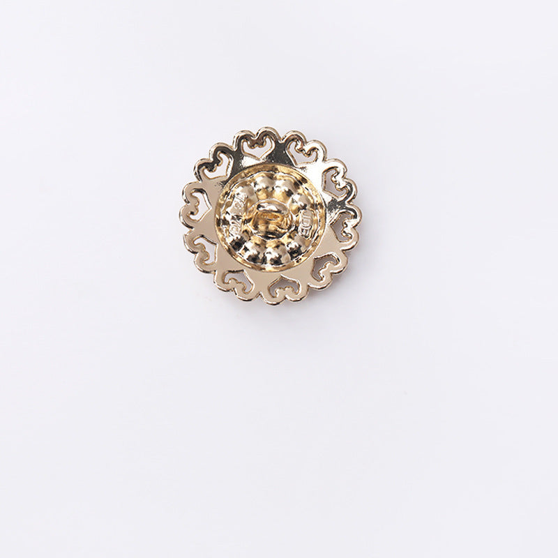 Gold metal shank button back with lace filigree surround and flat construction