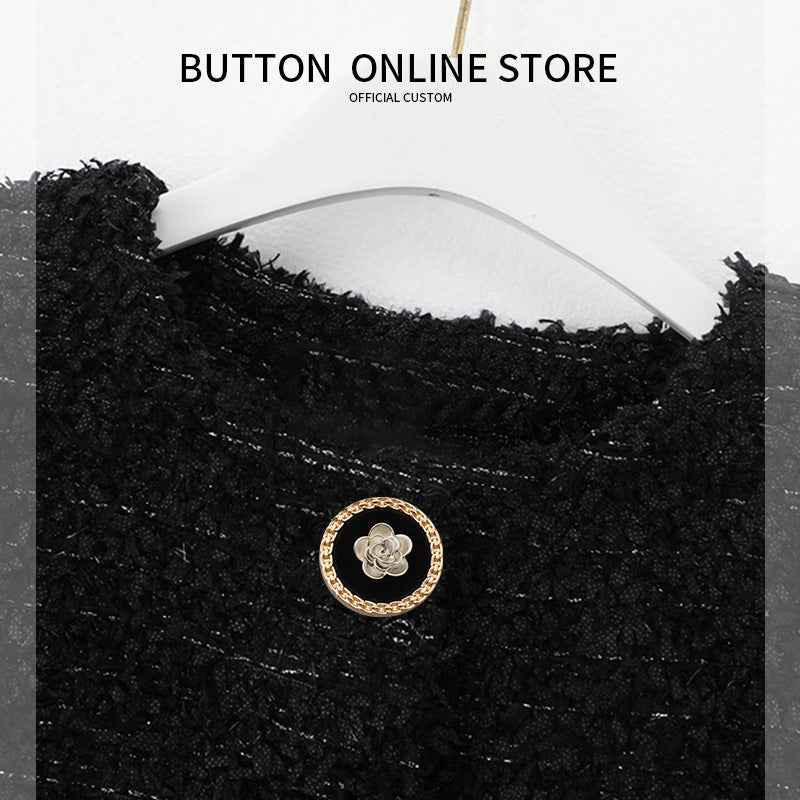 Round Black Faced Flower Decorated Gold Metal Shank Buttons 12pcs