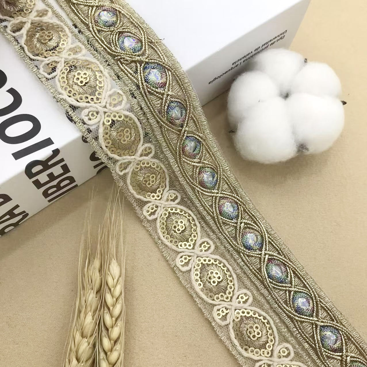Gold-toned mirror embroidered ribbon trim, 2.1cm, oval braid with blue mirror circles