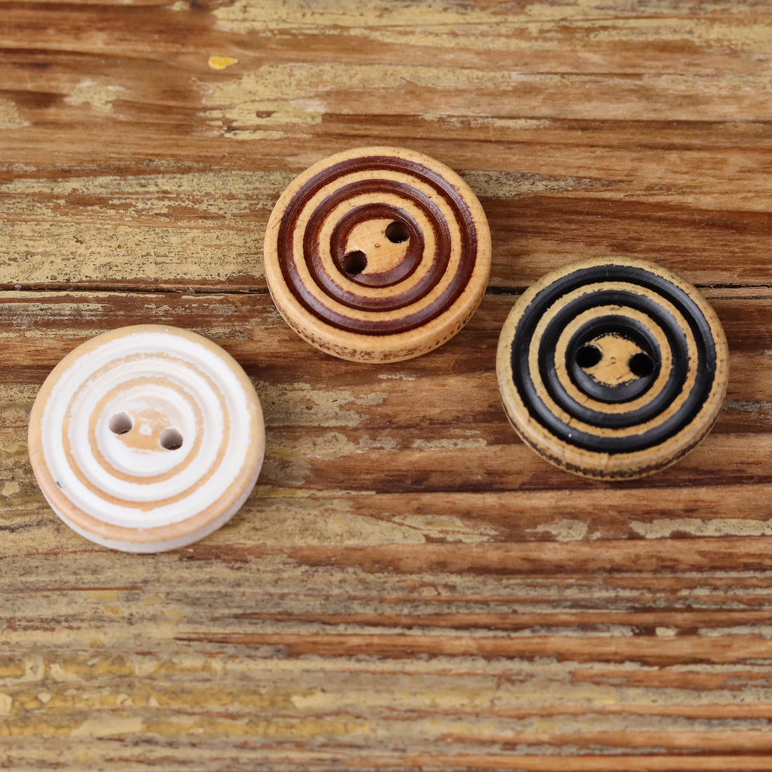 Round 2-hole double-ring wood buttons, brown/black/white (3 pcs)