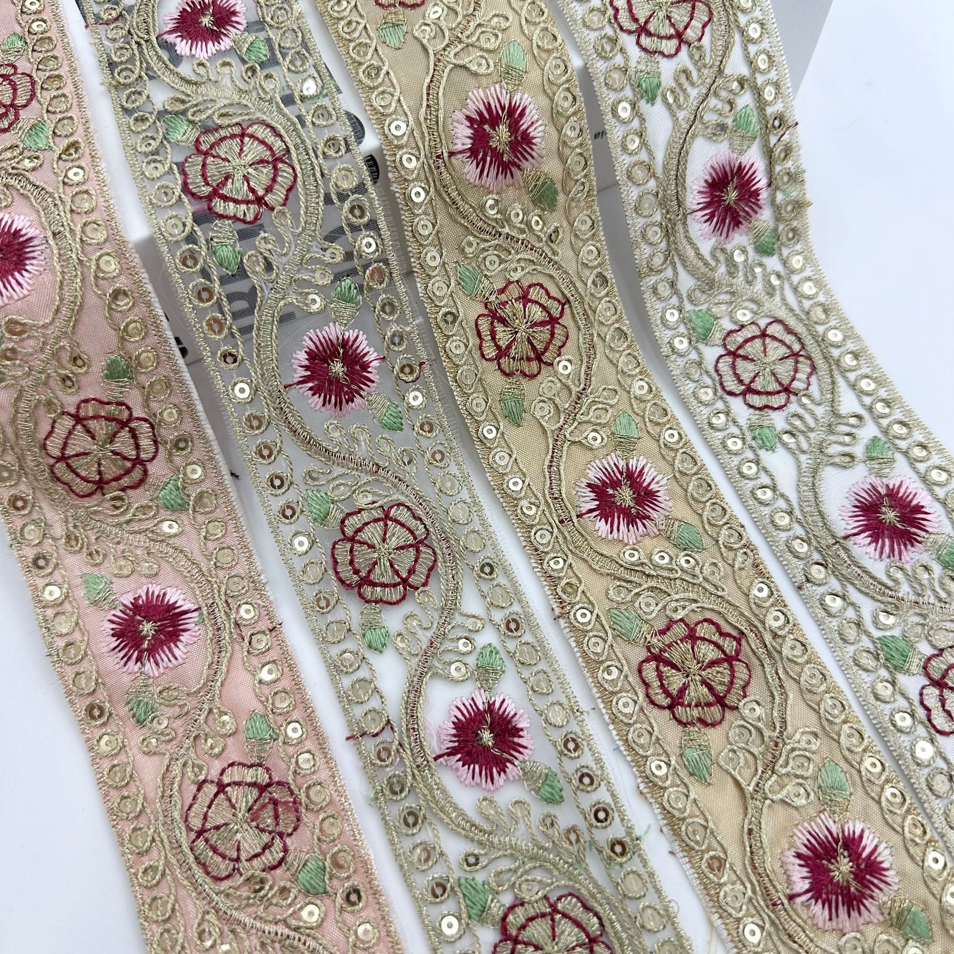 Embroidered cord trim, 4cm wide, beige with maroon floral details and gold beadwork