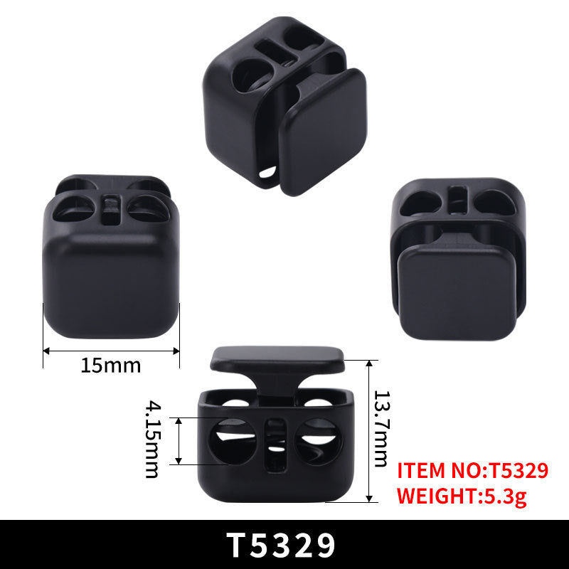 Black square two-hole metal spring cord lock, size 15mm x 13mm