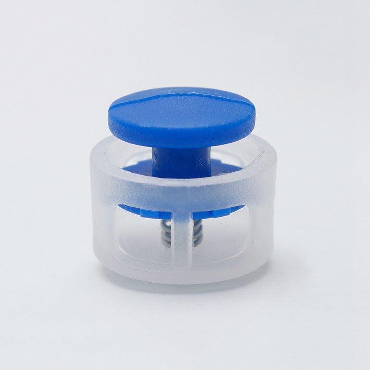 Plastic cord lock toggle with blue round stopper in clear housing