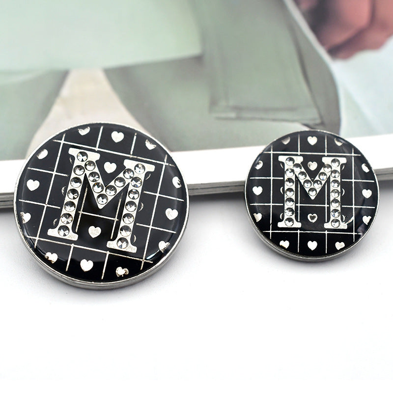 18/23mm Black Round BDMV Letter Rhinestone Metal Shank Buttons 12pcs