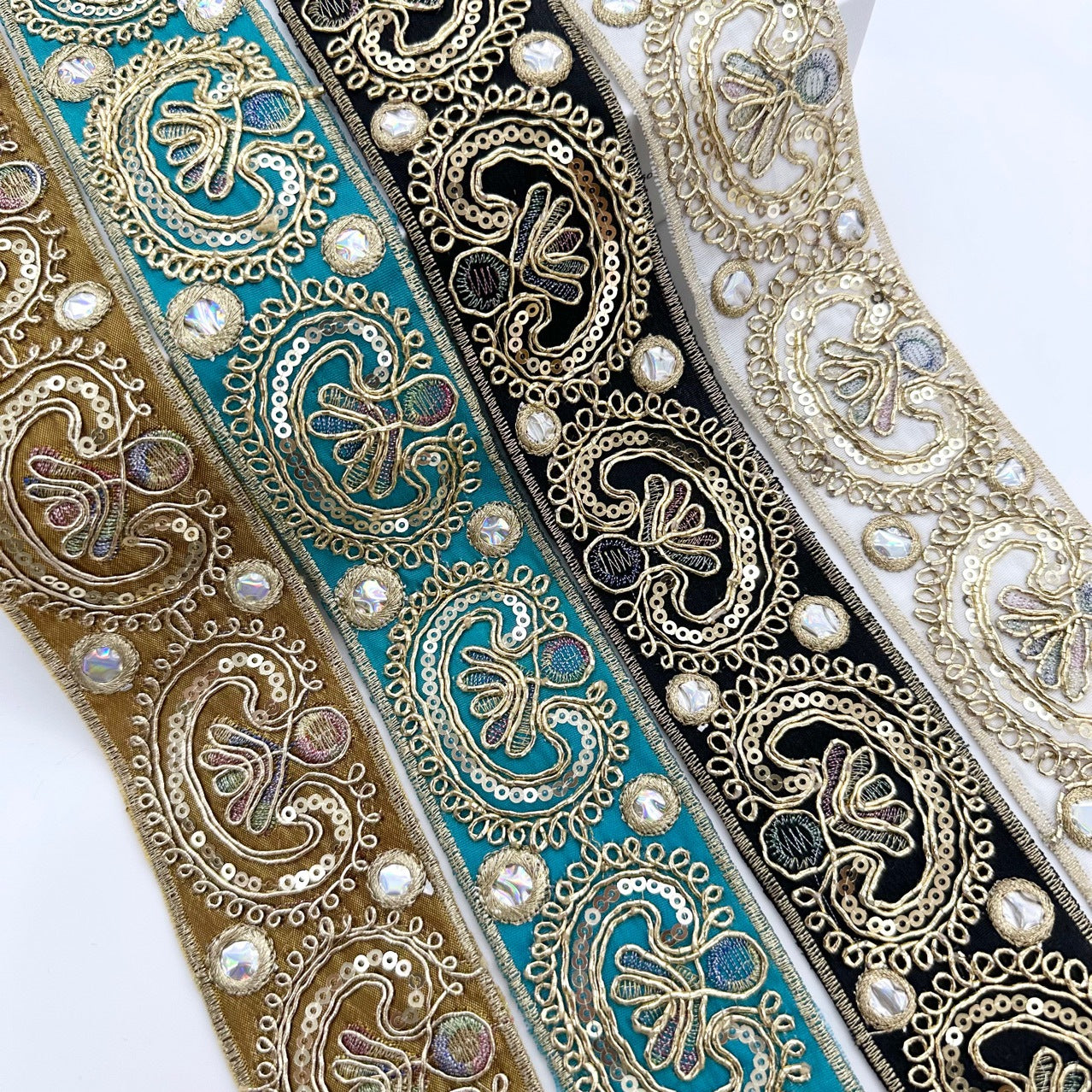Paisley sequin cord embroidered trim with gold thread and blue/green motifs