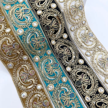 Paisley sequin cord embroidered trim with gold thread and blue/green motifs
