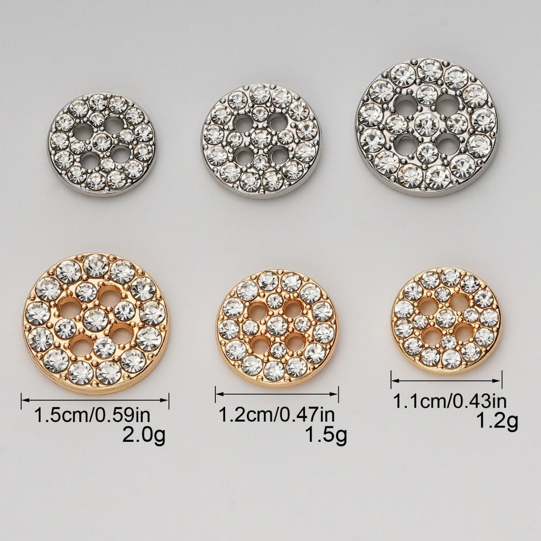 11mm/12.5mm/15mm Round 4-Hole Rhinestone Metal Shirt Buttons 20 Pack