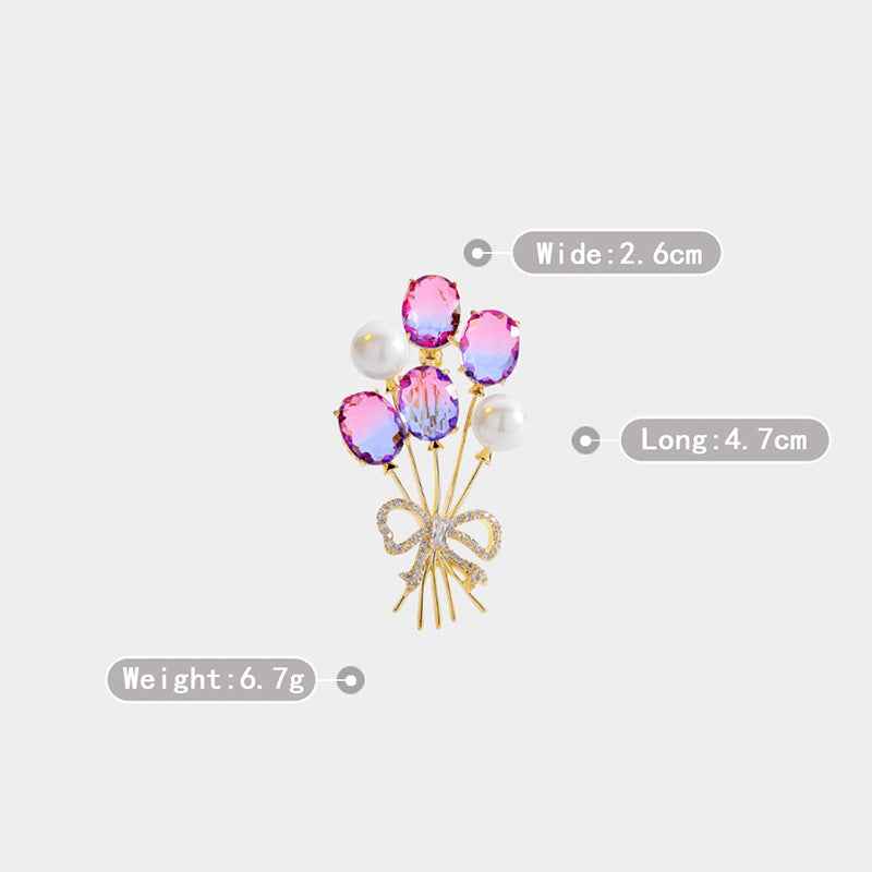 White Balloon Brooch with Colored Zircon Bow Pearl Pin