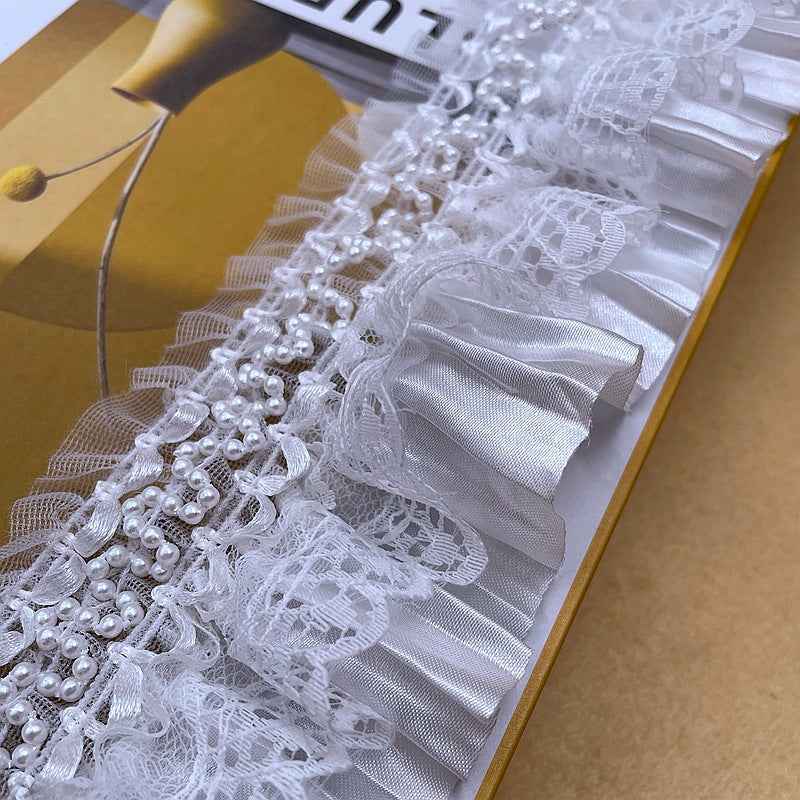 7.5cm Lolita White Satin Lace Ruffle Trim with Pearl Accents 10 Yards