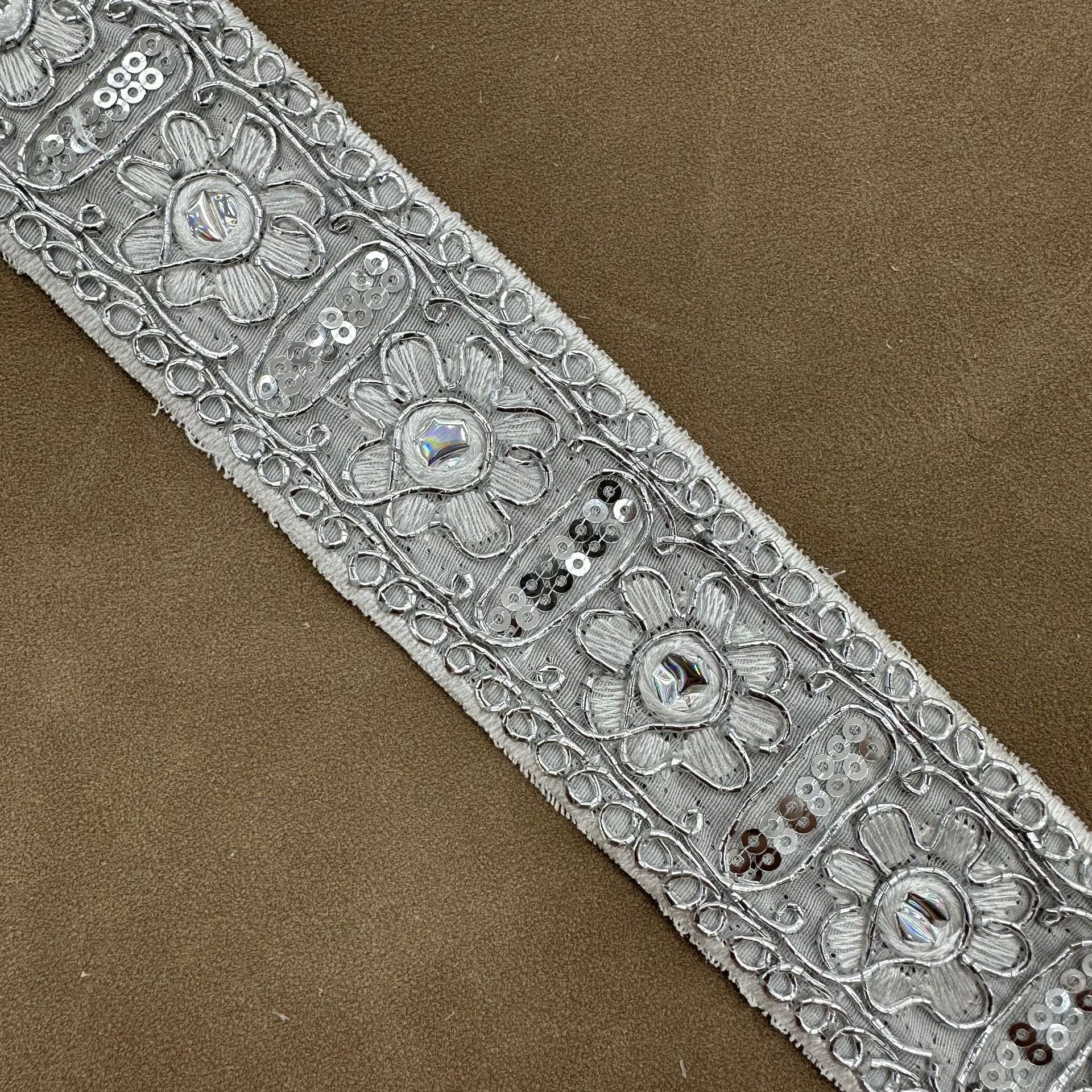 Sunflower Ethnic sequin trim, silver-toned with raised flower sequins and loops