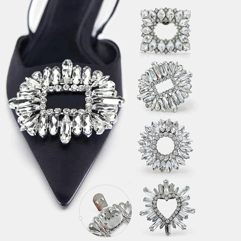 Silver rhinestone shoe clips set: heart-shaped crystal design, detachable snap backs