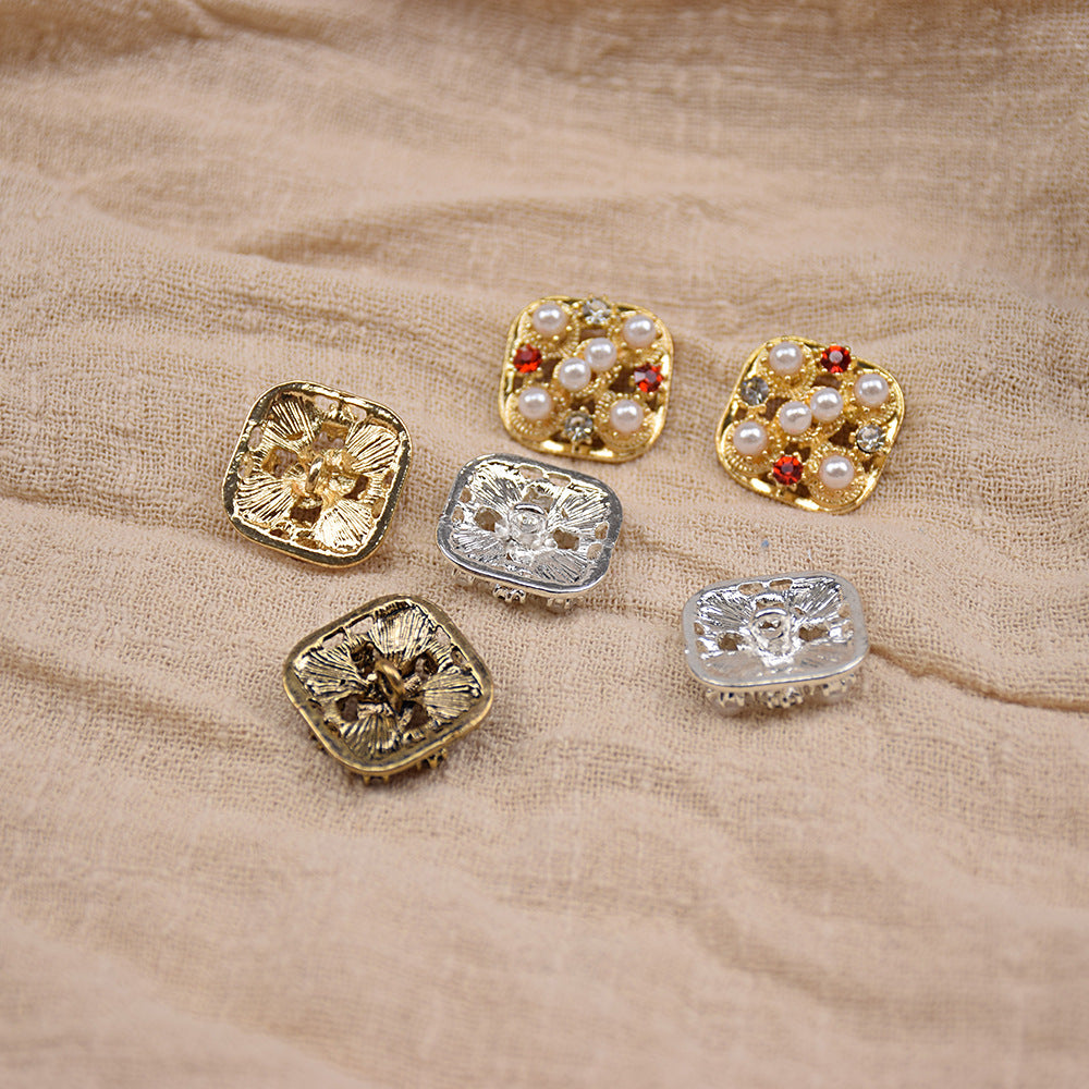 20mm Square Pearl & Crystal Metal Knitwear Buttons 10-Pack