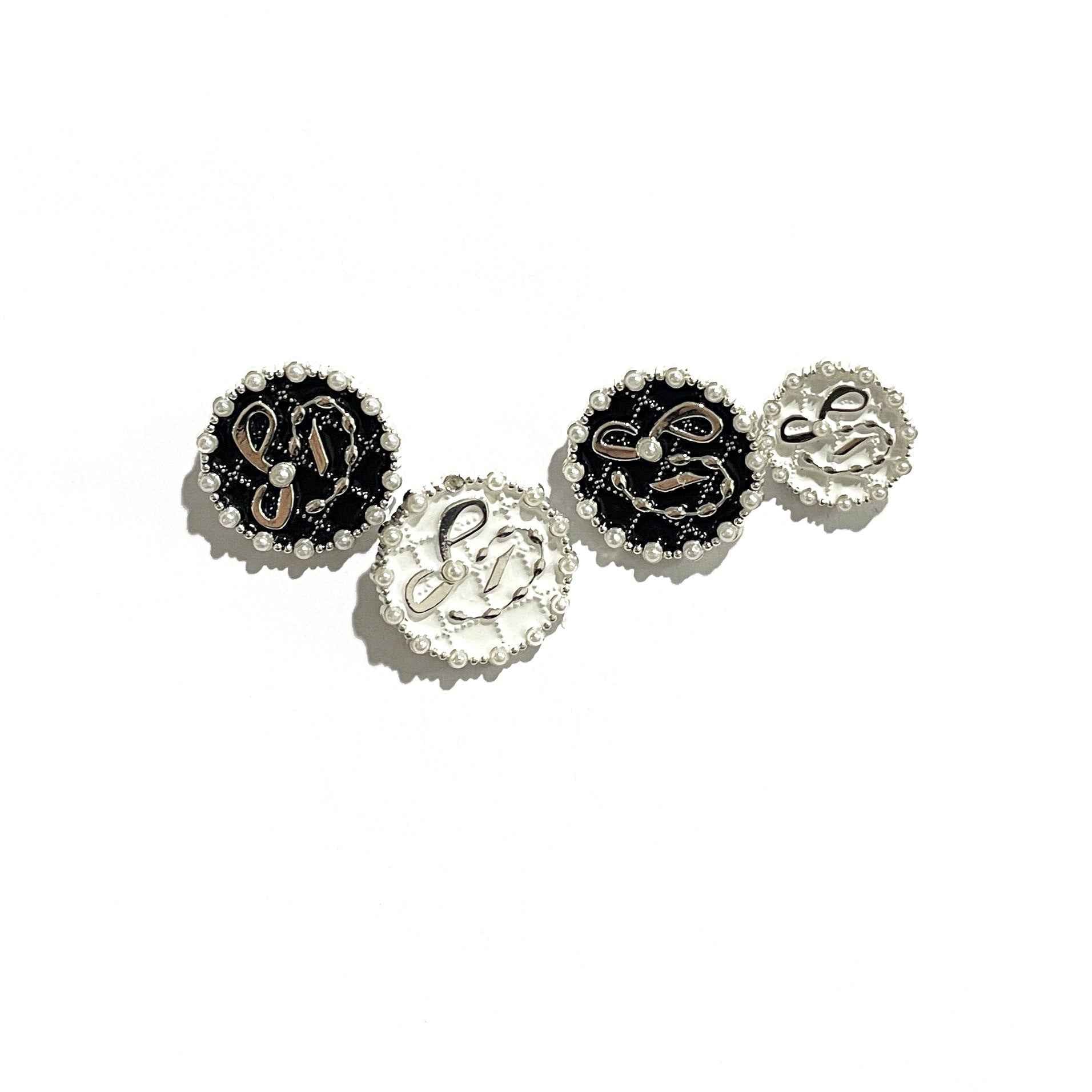 Silver Base White/Black Diamond-Check Pearl Metal Shank Buttons 48pcs