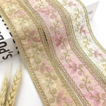 4.5cm gold leaf sequin embroidered trim ribbon with floral mesh and chain edge border