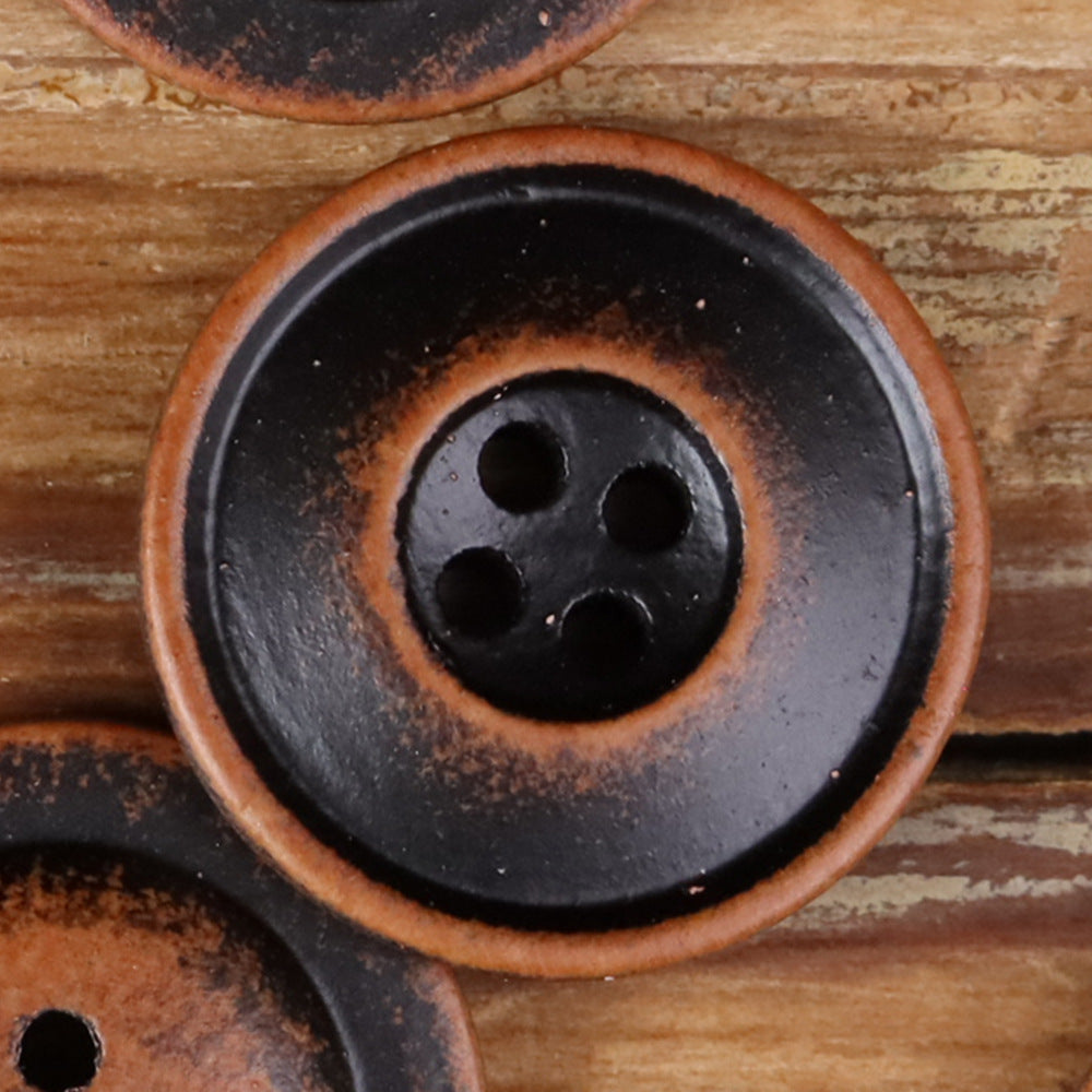 Natural Wood Round 4-Hole Double-Ring Fine-Rim Buttons – Red & Black – Set of 40