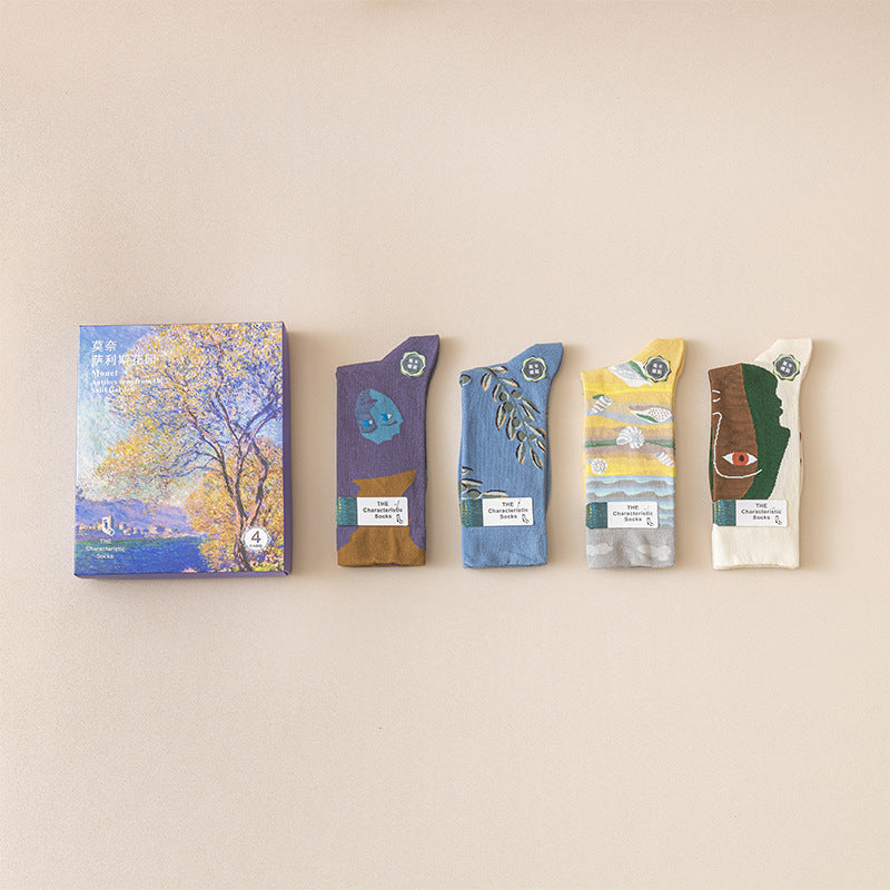 Monet Series Oil Painting Cotton Socks – 4-Pack for Women