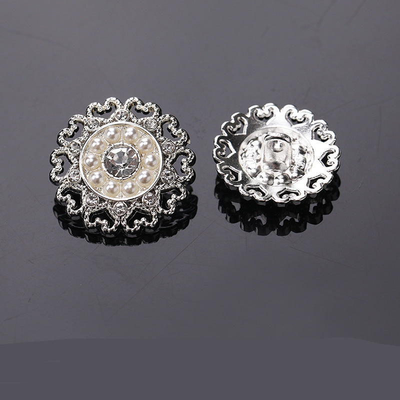 Silver lace-style metal buttons with pearl center, rhinestone border, and shank