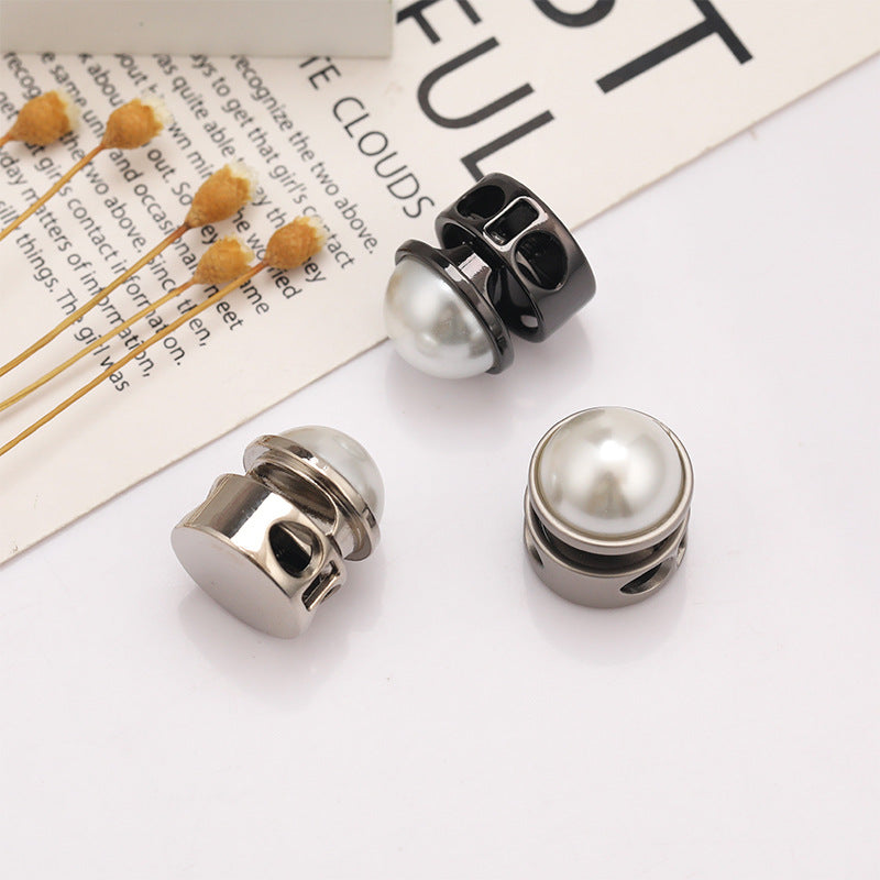 Metal two-hole cord locks set: pearl dome spring cylinder in silver and gunmetal