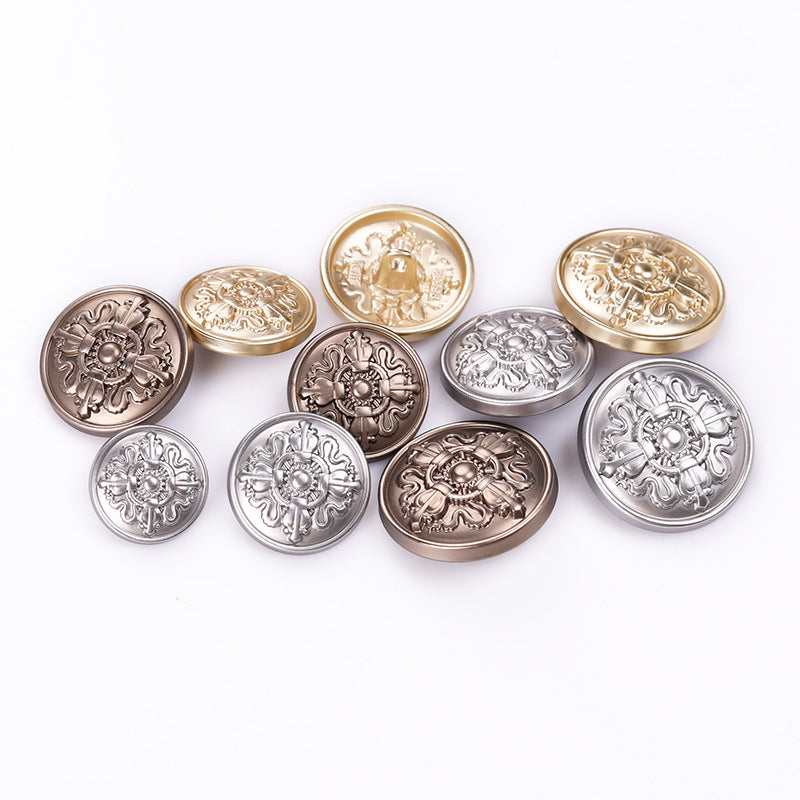 Mixed crown emblem round metal shank buttons, gold and silver tones arranged