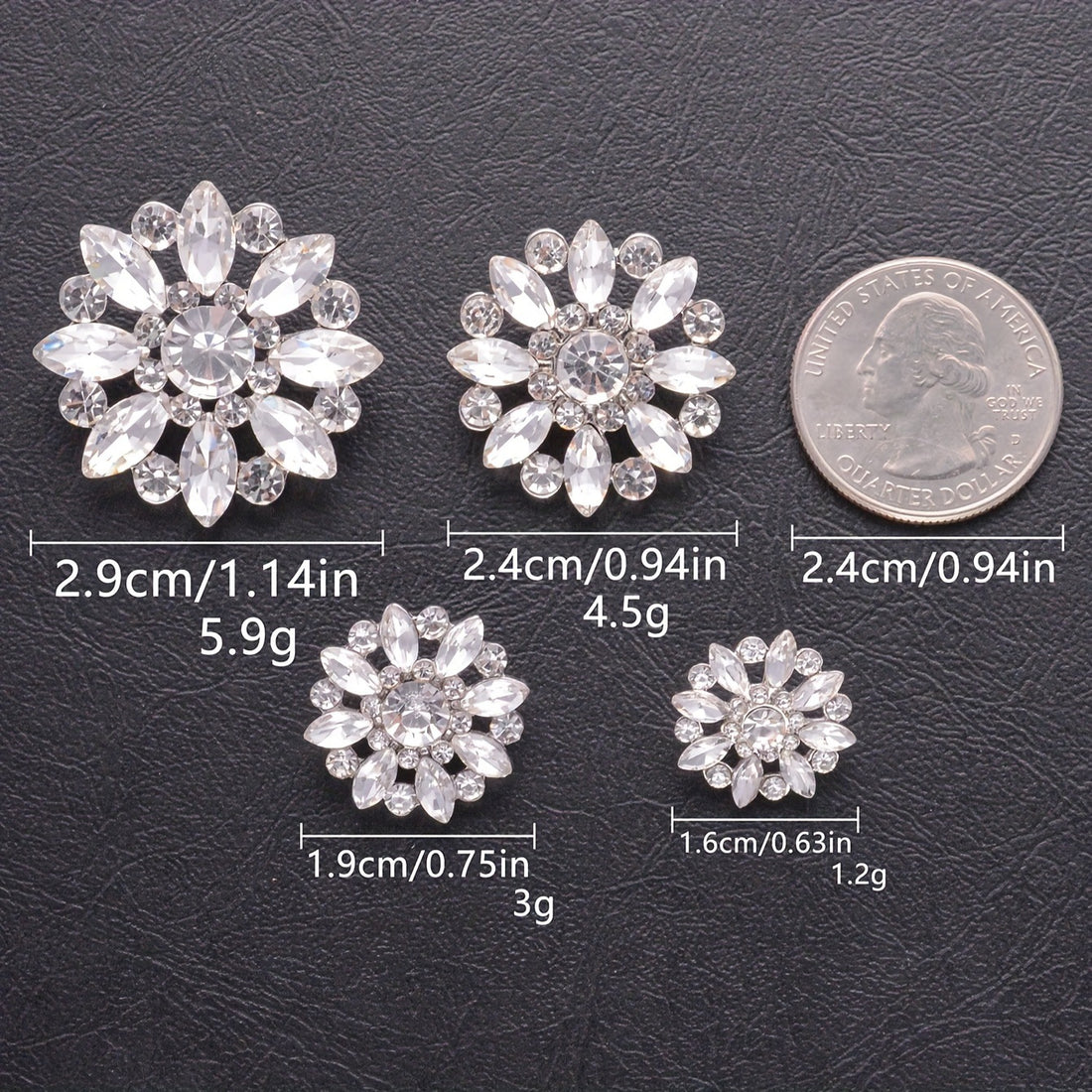 Crystal Flower Rhinestone Zinc Alloy + Glass Shank Buttons 6 Pack