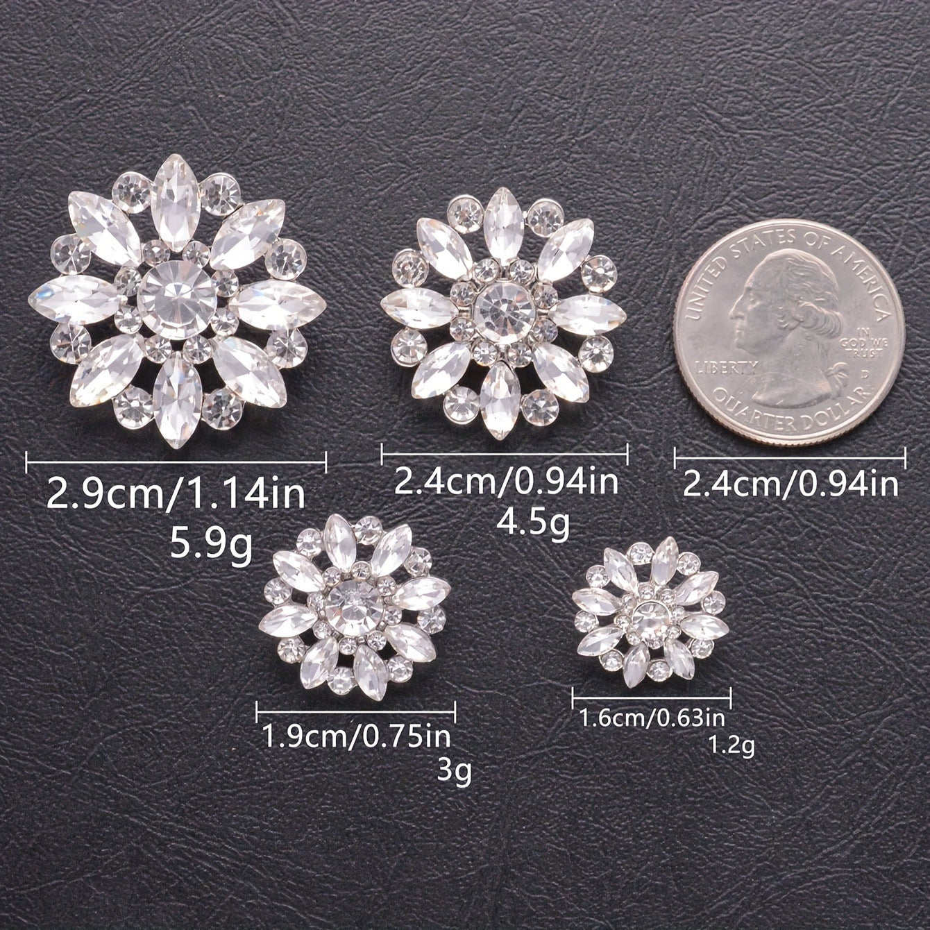 Crystal Flower Rhinestone Zinc Alloy + Glass Shank Buttons 6 Pack
