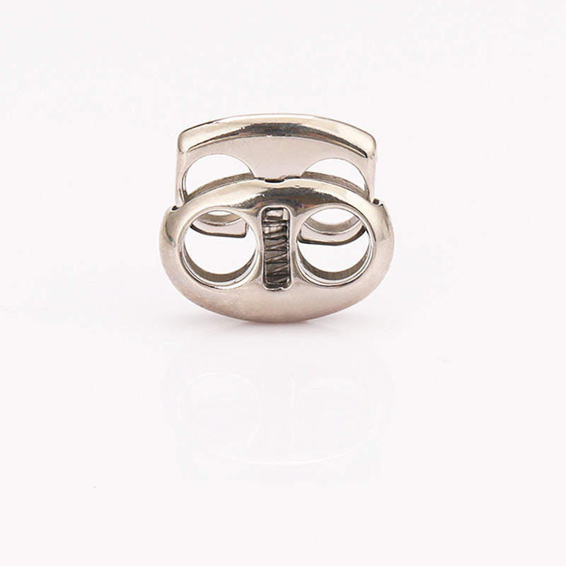 Oval pig nose two-hole metal cord lock, silver finish, spring drawstring clasp