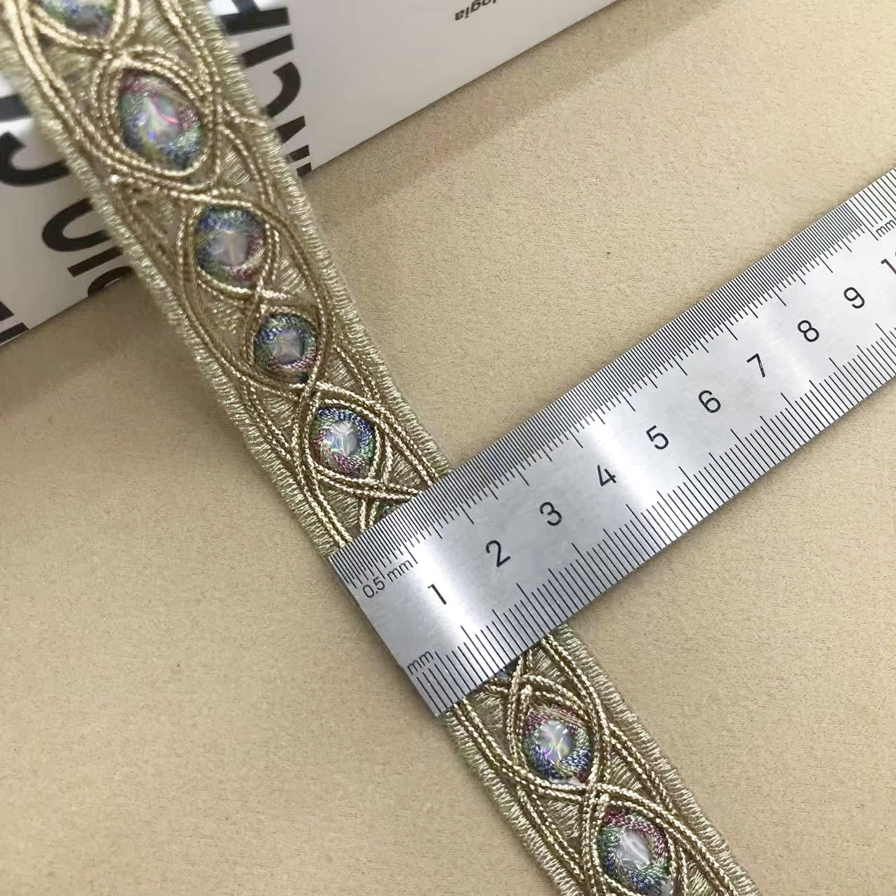 Gold embroidered mirror ribbon trim, 2.1cm, blue iridescent mirror-circle accents