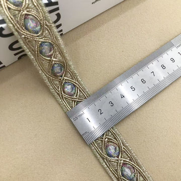 Gold embroidered mirror ribbon trim, 2.1cm, blue iridescent mirror-circle accents