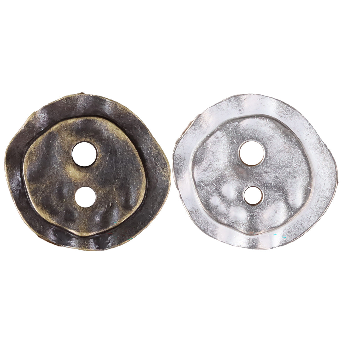 Irregular metal 2-hole button, bronze finish, round face with two holes.