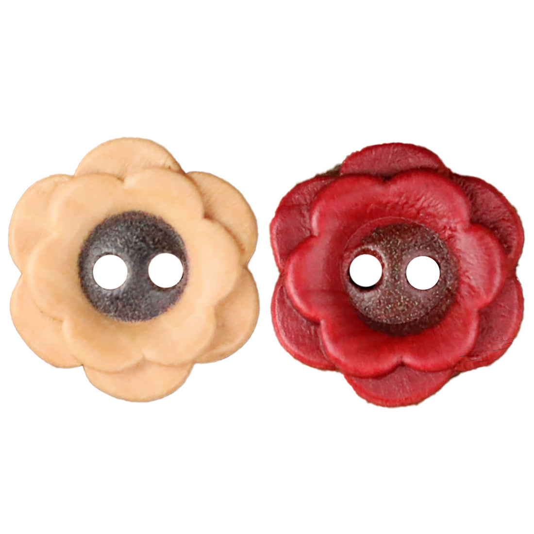 Flower wood buttons set, natural and red 2-hole designs, two flower buttons