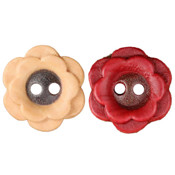 Flower wood buttons set, natural and red 2-hole designs, two flower buttons