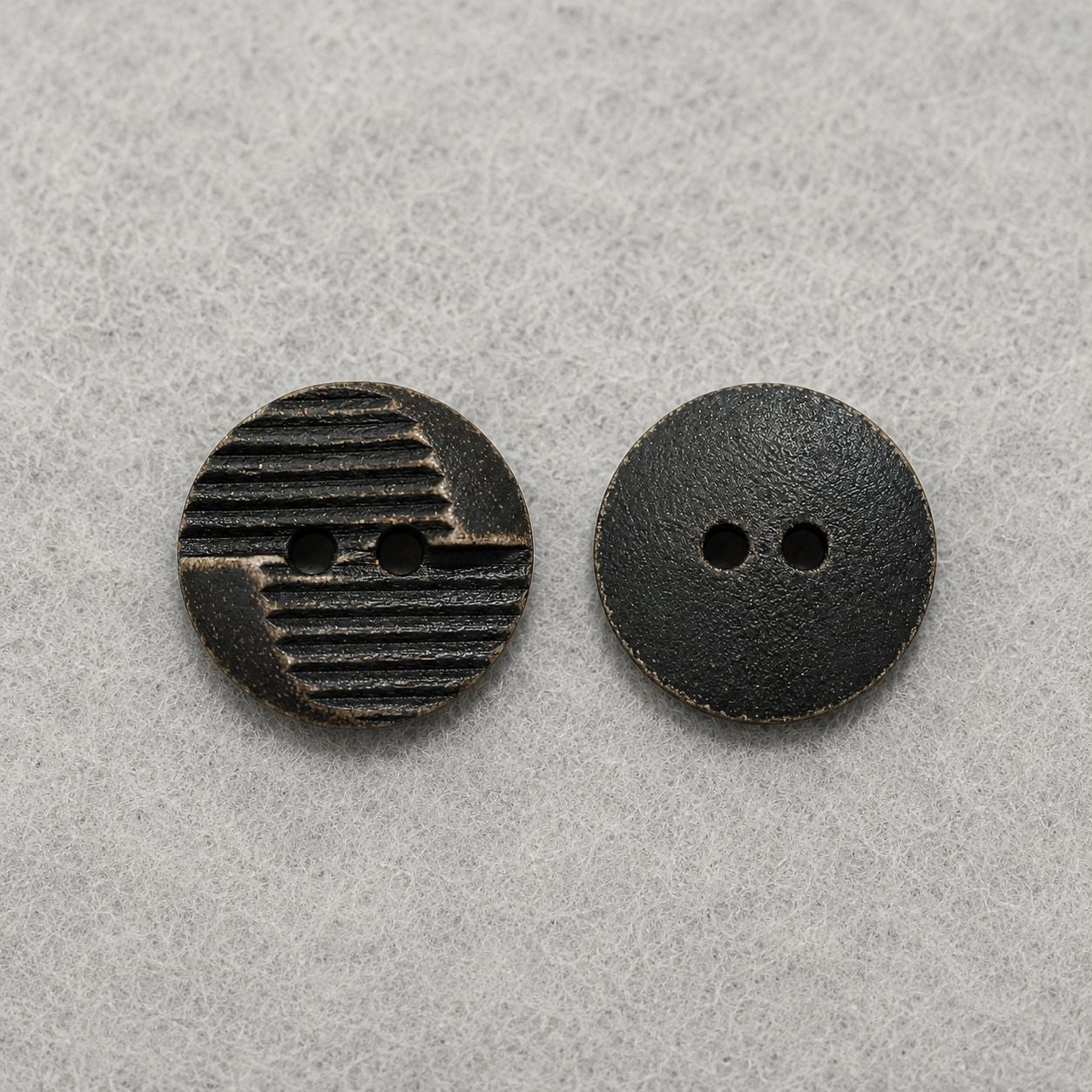 Round 2-hole distressed wood sewing buttons, dark grey carved stripe and solid face