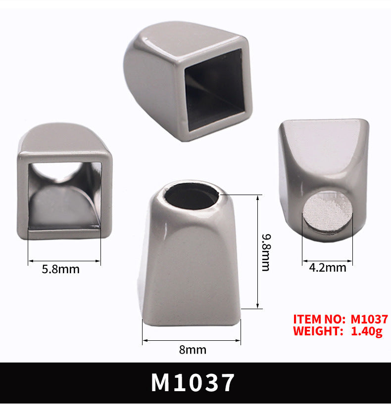Square metal bell cord ends showing 9.8×8mm dimensions, front and side views
