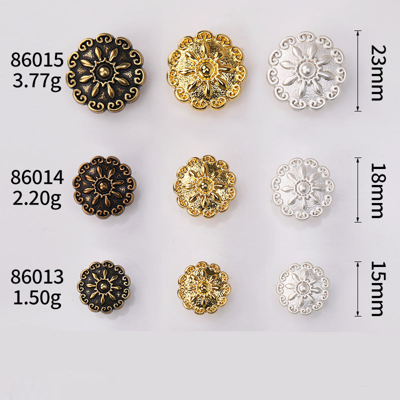 Domed floral metal shank buttons with weights 1.50–3.77g and height 12–15mm