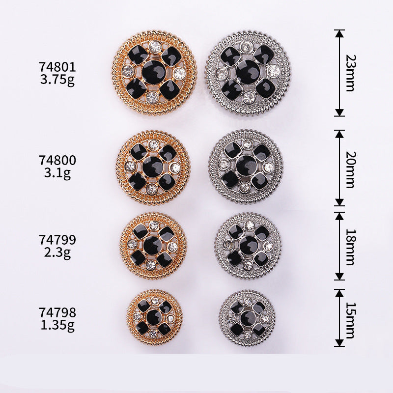 Hollow Round Crystal Metal Shank Buttons Set of 20 – Black Enamel Gold