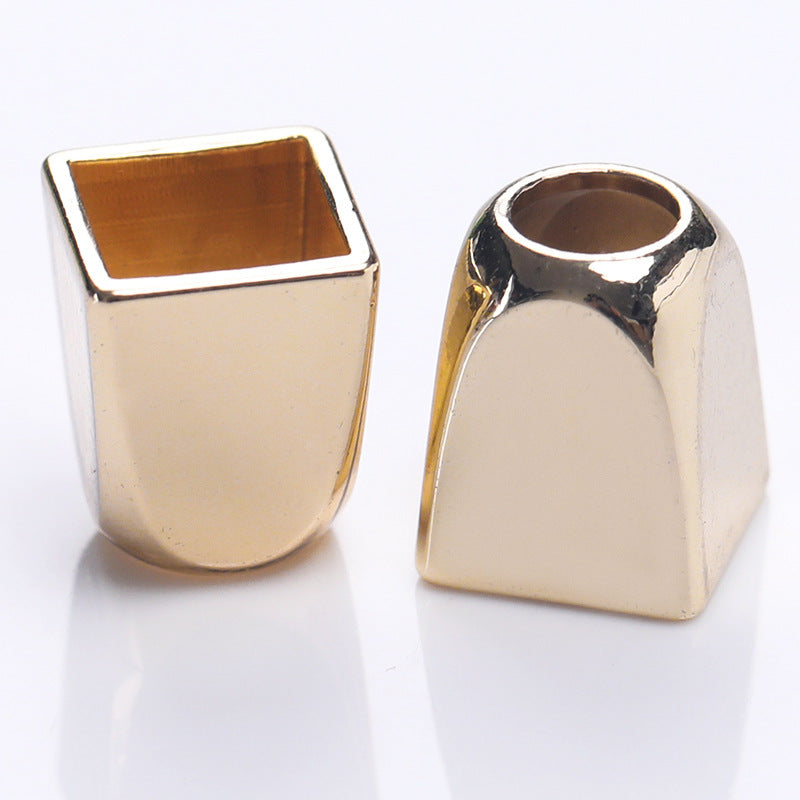 Square metal bell cord end caps in gold and silver tones, square top with cord hole