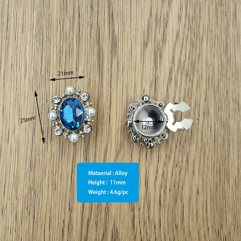 Baroque rhinestone snap-on button, blue oval faceted stone with pearl and crystal trim