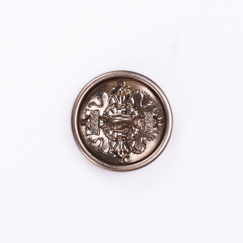 Tea-tone crown emblem round metal shank button, back side with sewn shank