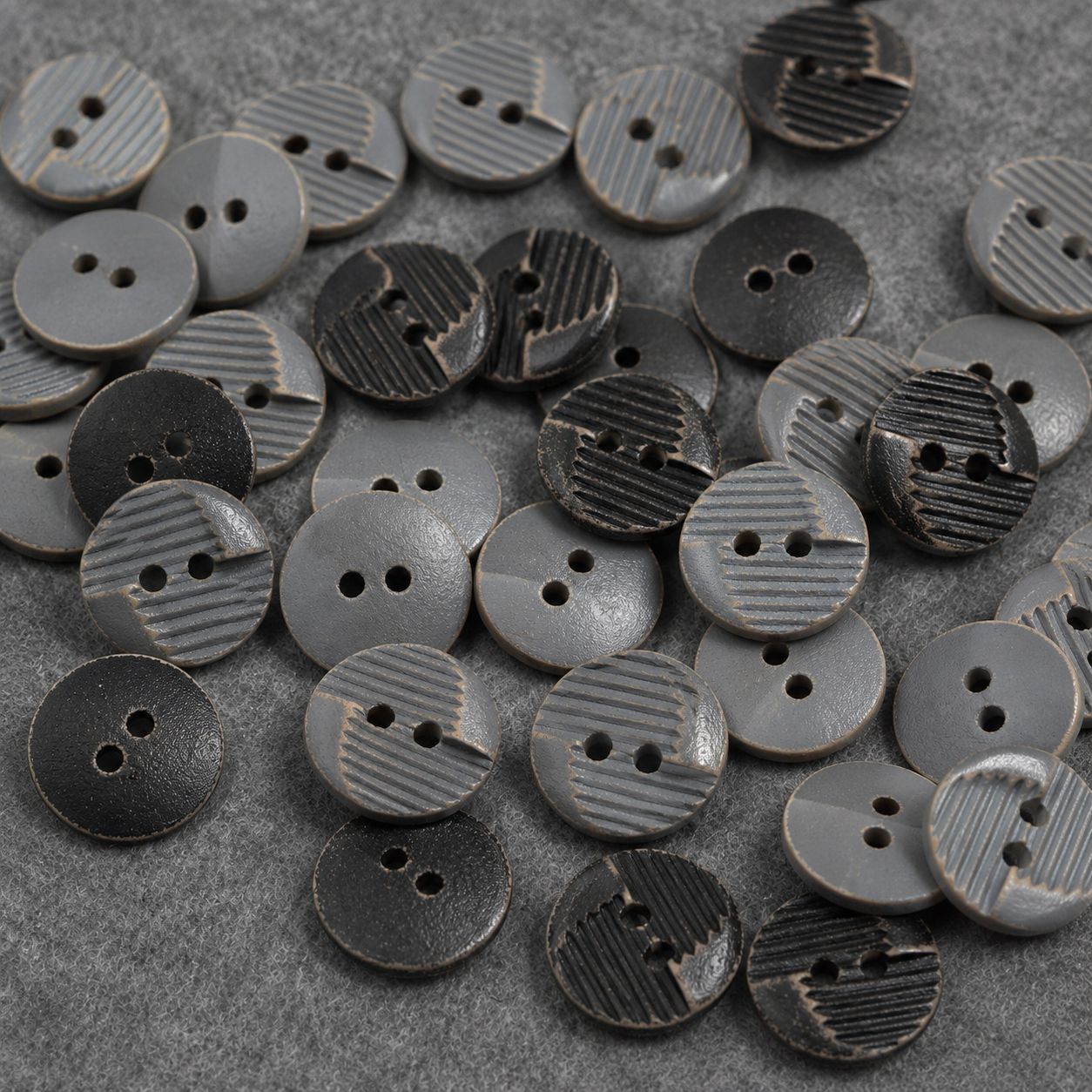 Set of round 2-hole distressed wood sewing buttons, mixed dark and light striped designs