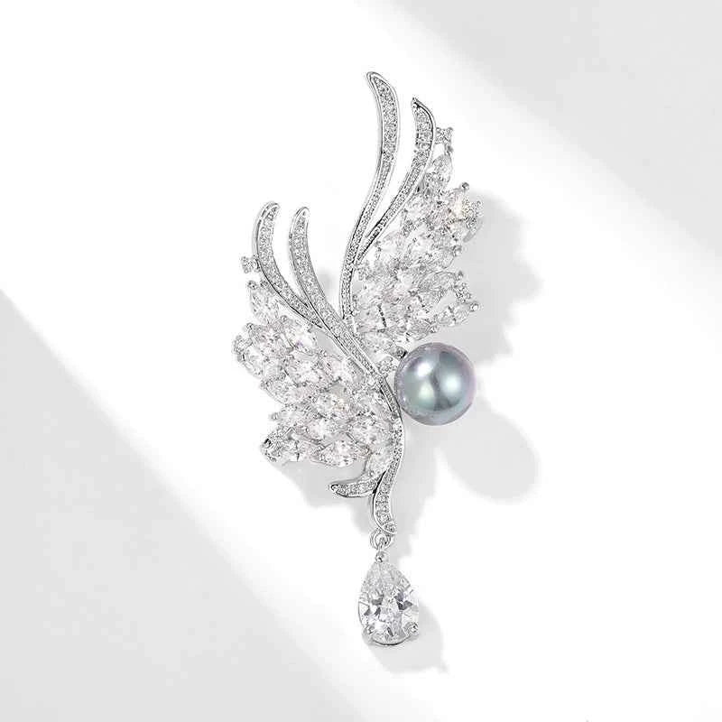 Natural Pearl Zircon Silver Wing Metal Brooch Pin