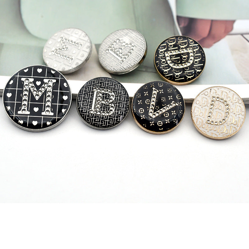 18/23mm Black Round BDMV Letter Rhinestone Metal Shank Buttons 12pcs