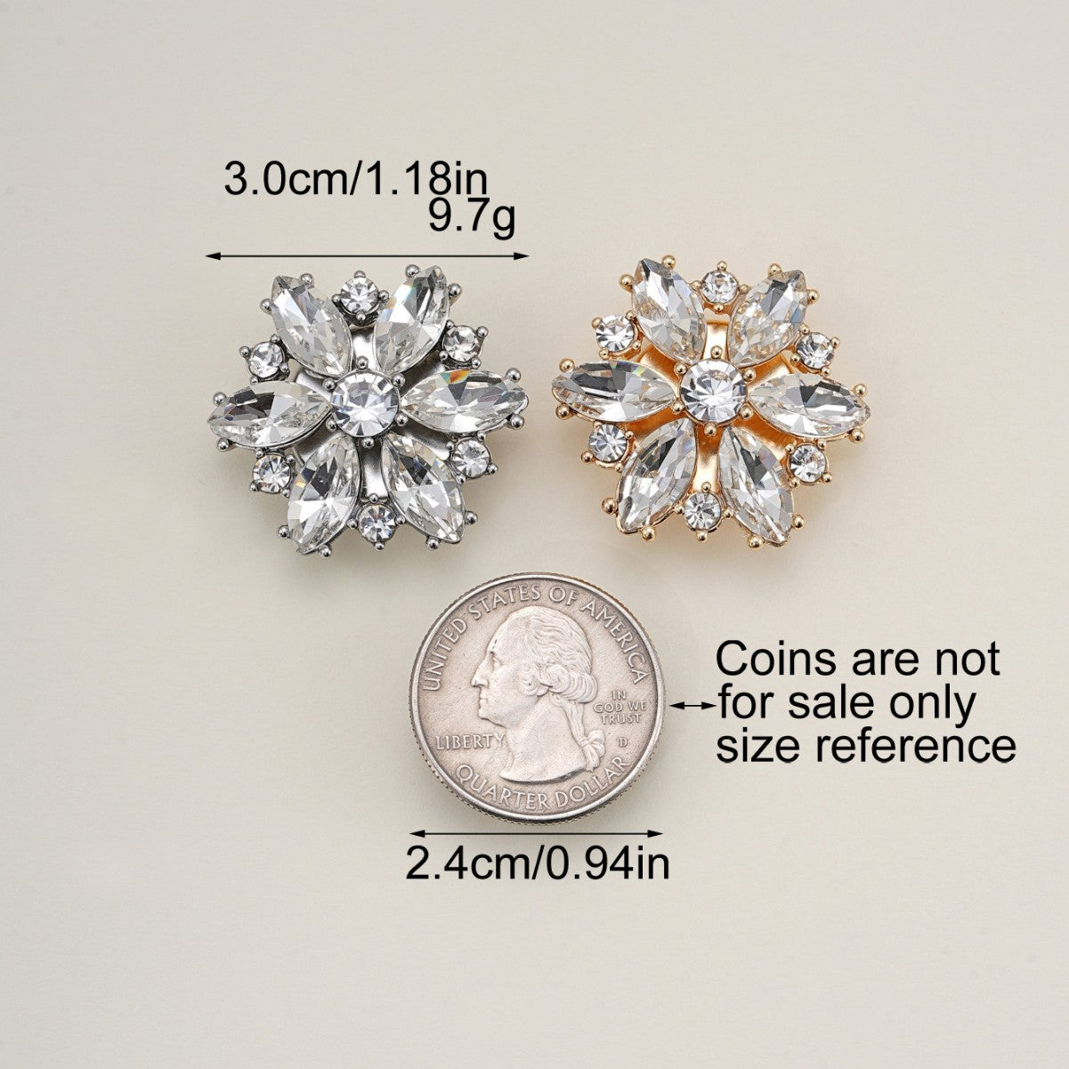 30mm Crystal Glass Flower-Shaped Detachable Metal Clamp Buttons 4 Pack