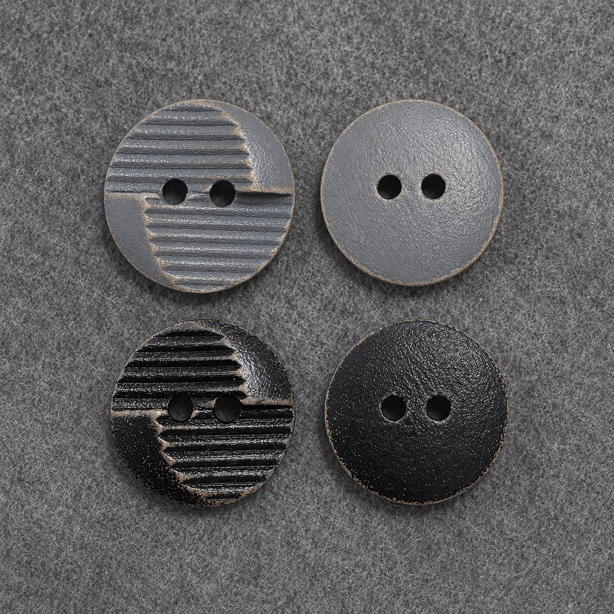 Round 2-hole distressed wood sewing buttons, light and dark carved stripe with solid faces
