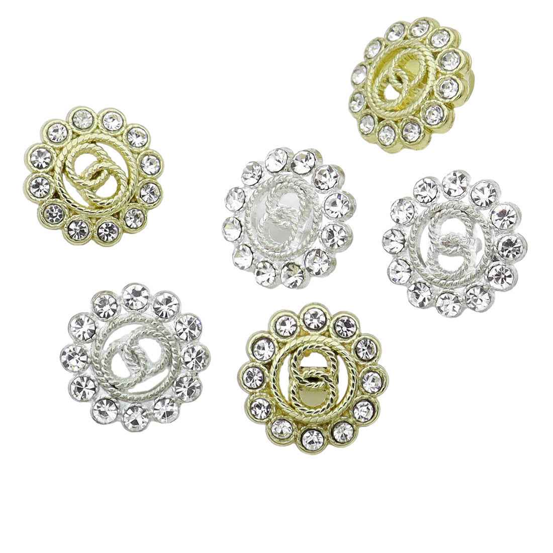 15mm Gold Silver Rhinestone Metal Buttons Hollow Double-Ring 50 Pack