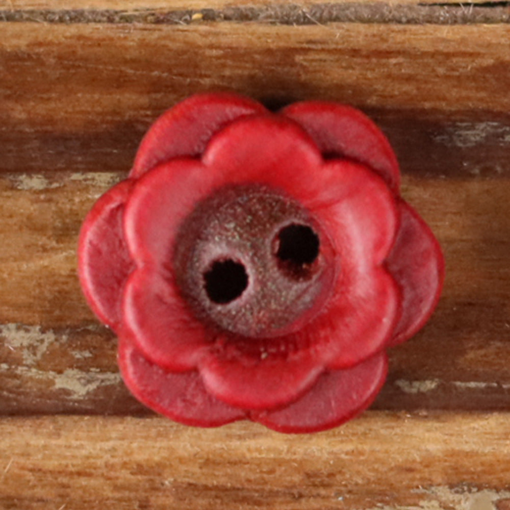 Red flower wood button with two holes (2-hole) for sewing