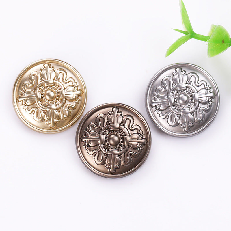 Crown emblem round metal shank buttons set: gold, silver, and tea-tone finishes