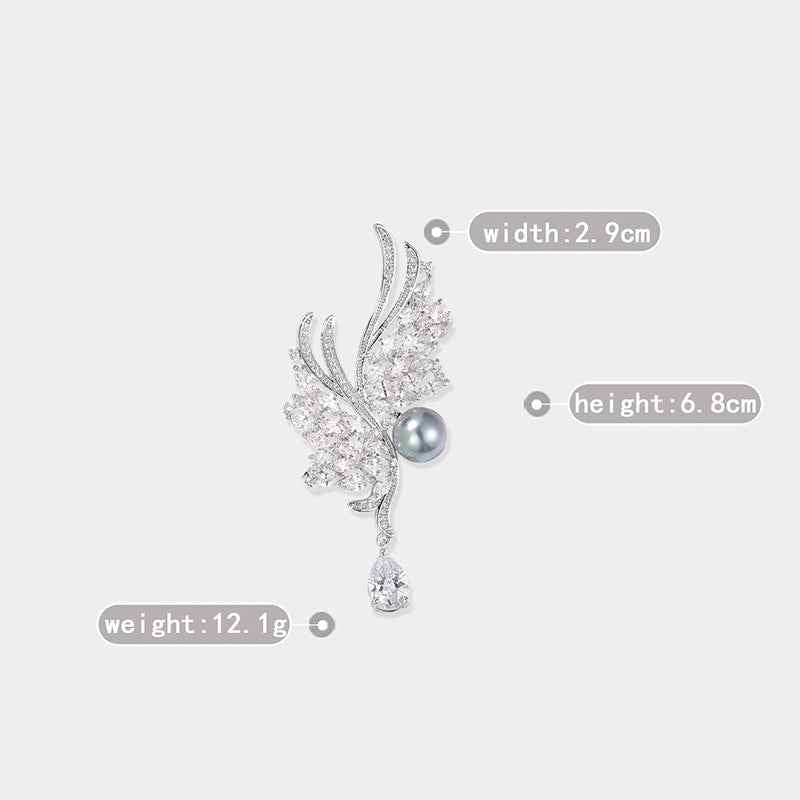 Natural Pearl Zircon Silver Wing Metal Brooch Pin